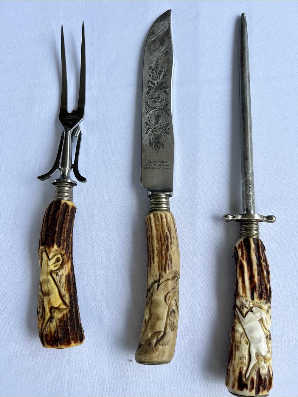 Vintage Klaus Tragbar Solingen Germany Stag Antler 3pc Carving Knife Set